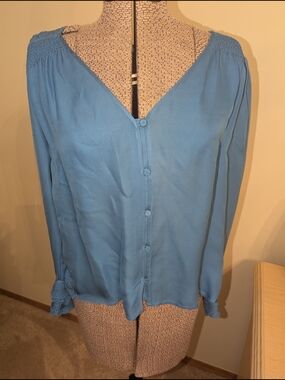 Madison Marcus Powder Blue Silk V-Neck Button Front Blouse